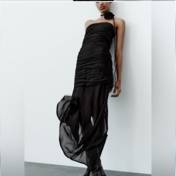 ZARA SHEER TULLE FLORAL DRESS * BLACK - Picture 3 of 14